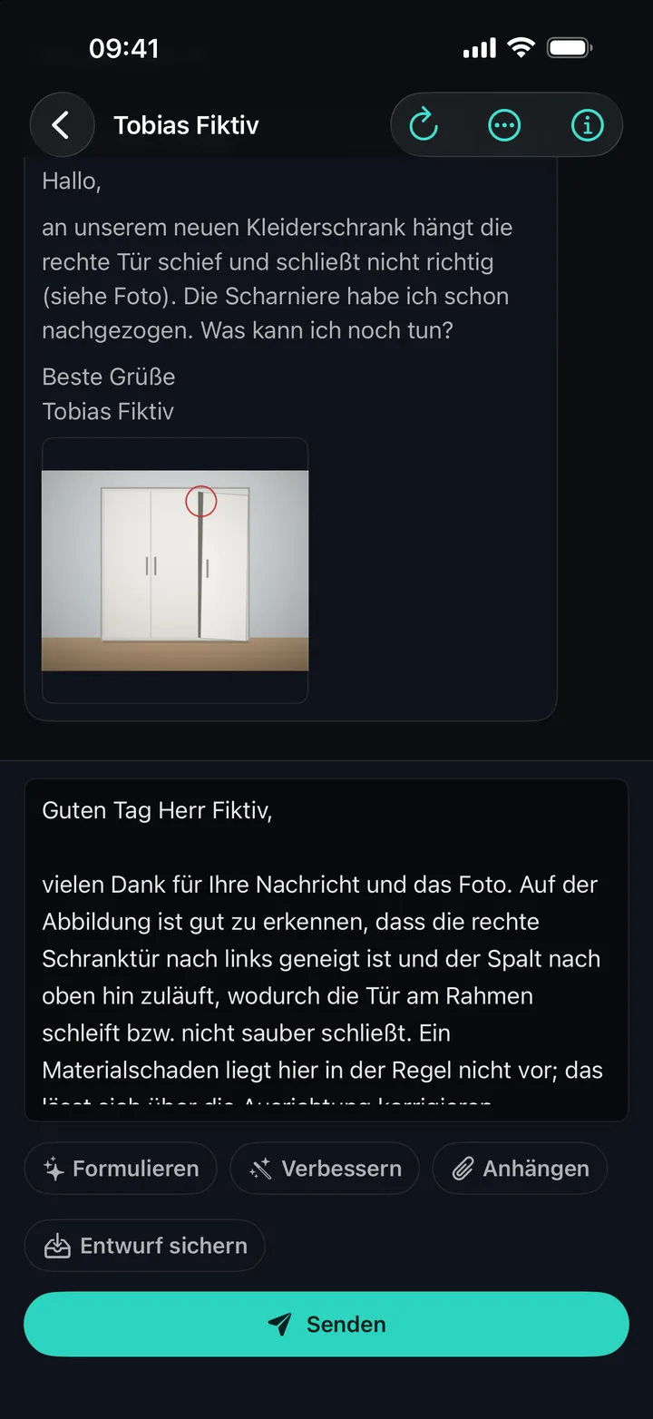 Ino Reply auf dem iPhone: ein Antwortentwurf an einen Kunden